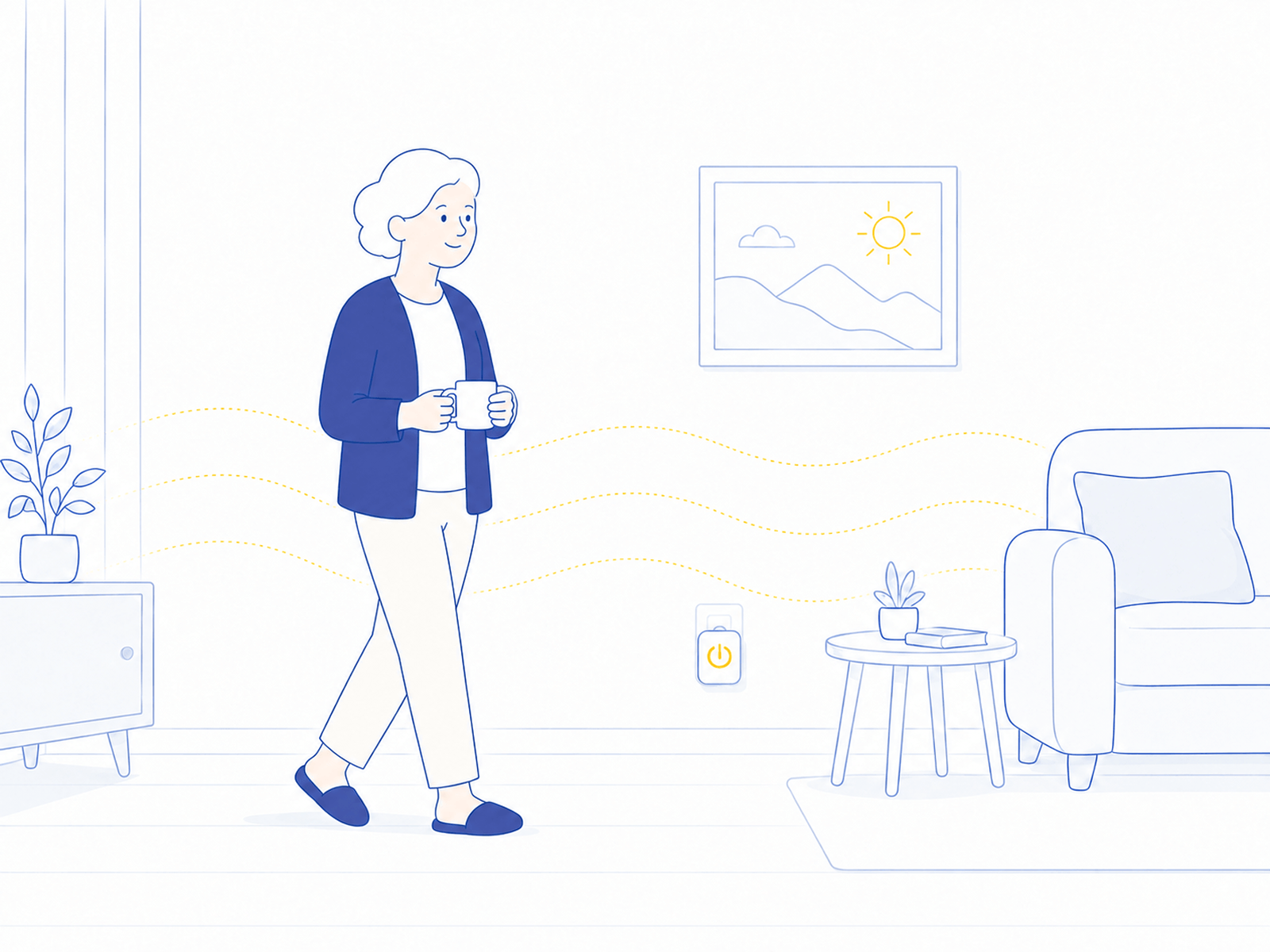 Illustration d’une chambre en établissement où Zoe Care utilise le Wi-Fi Sensing et l’Edge AI pour comprendre l’activité, sans caméra ni objet porté.